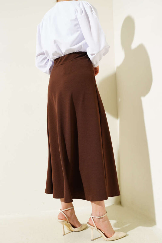 تنورة أساسية واسعة بخصر مطاطي، بني