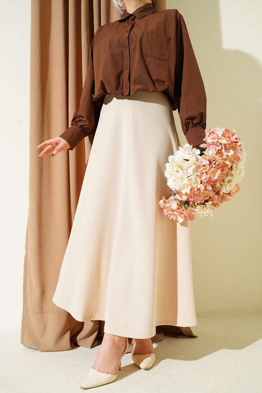 Jupe Évasée Beige À Taille Élastiquée