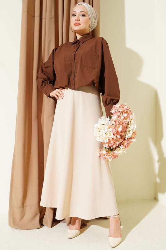Jupe Évasée Beige À Taille Élastiquée