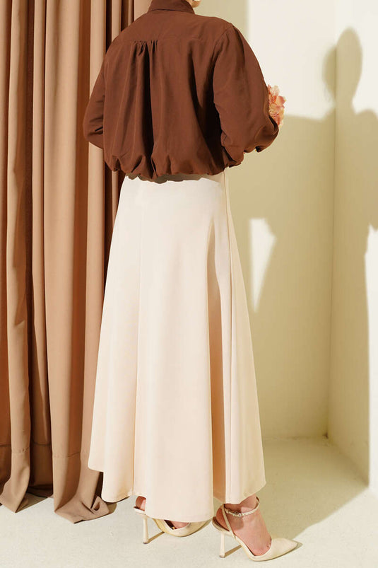Jupe Évasée Beige À Taille Élastiquée