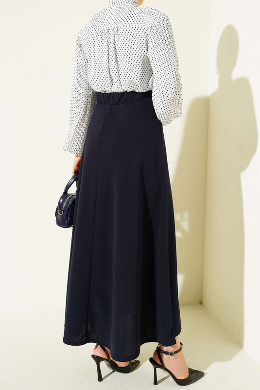 Jupe évasée à taille élastique double, bleu marine