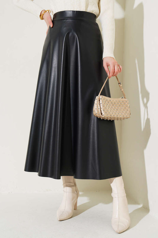 Elastic Waist Flared Leather Skirt Black