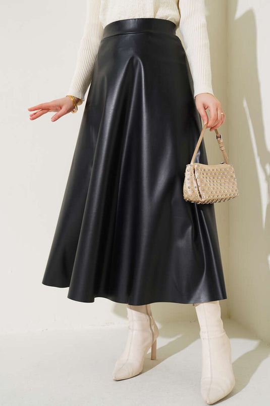 Elastic Waist Flared Leather Skirt Black