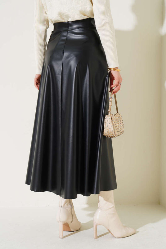 Elastic Waist Flared Leather Skirt Black