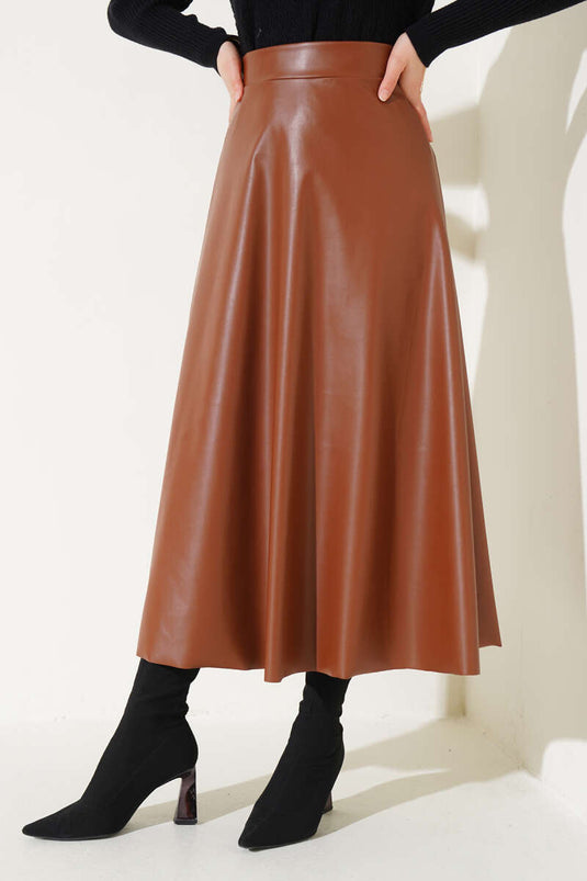 Elastic Waist Flared Leather Skirt Tan