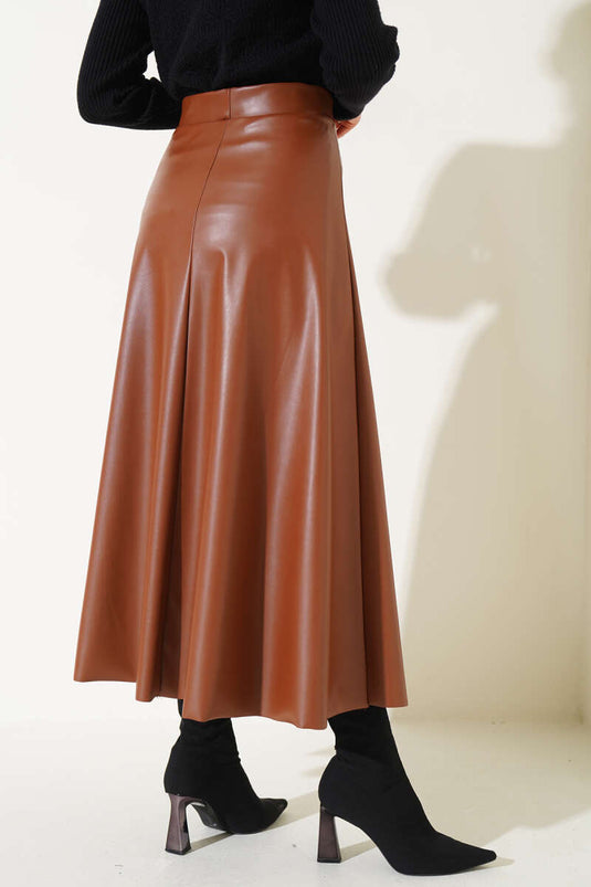 Elastic Waist Flared Leather Skirt Tan
