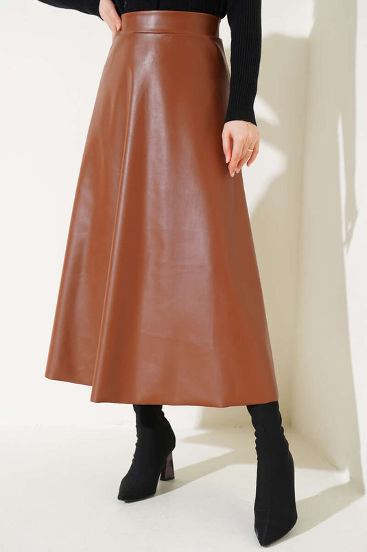 Elastic Waist Flared Leather Skirt Tan