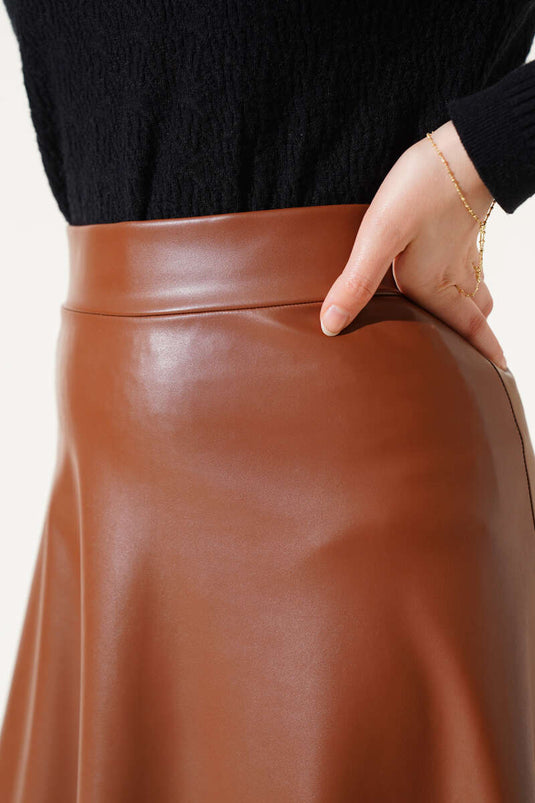Elastic Waist Flared Leather Skirt Tan