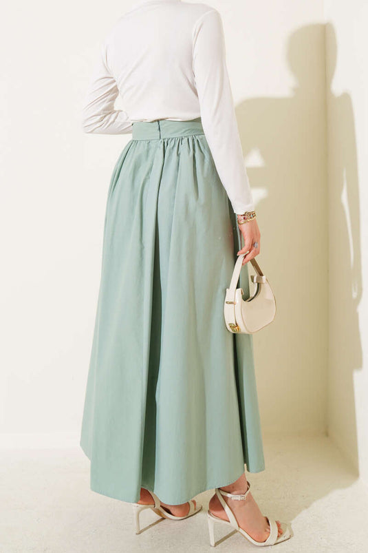 Elastic Waist Flared Skirt in Sage Green