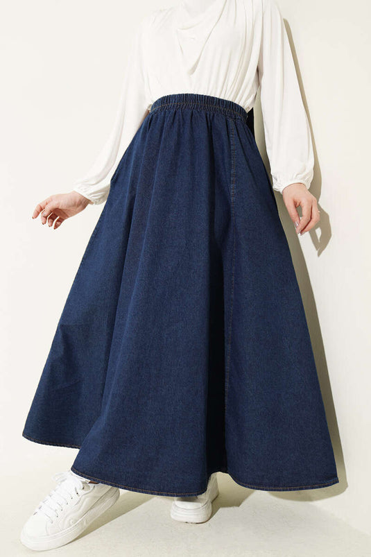 Gonna Jeans Svasata con Elastico Blu Scuro