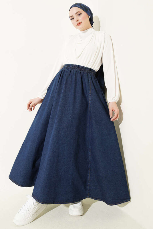 Gonna Jeans Svasata con Elastico Blu Scuro