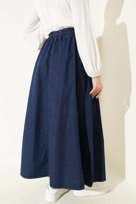 Gonna Jeans Svasata con Elastico Blu Scuro