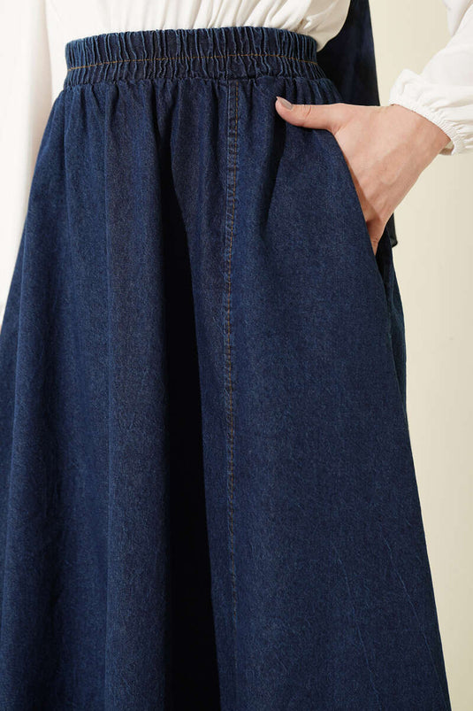 Gonna Jeans Svasata con Elastico Blu Scuro