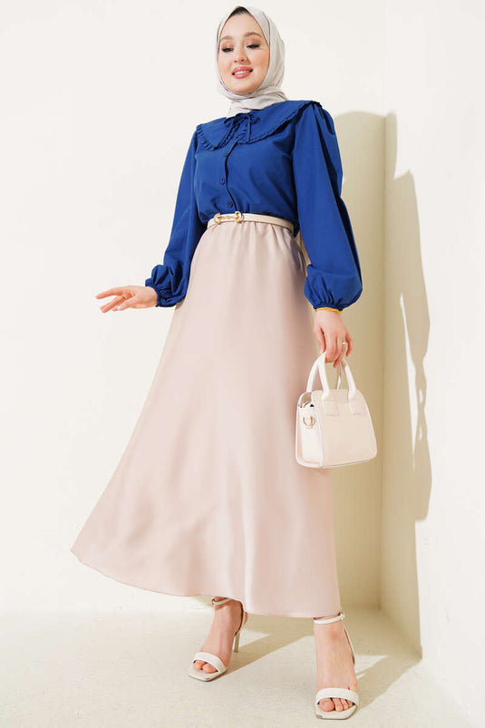 Beige Elastic Waist Flared Satin Skirt