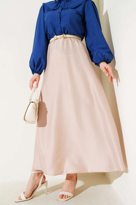 Beli Lastikli Kloş Saten Etek Bej