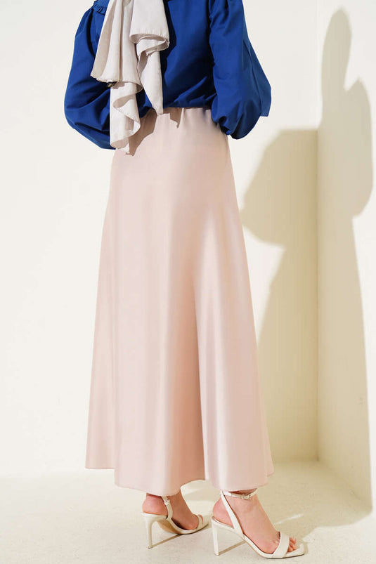 Beige Elastic Waist Flared Satin Skirt
