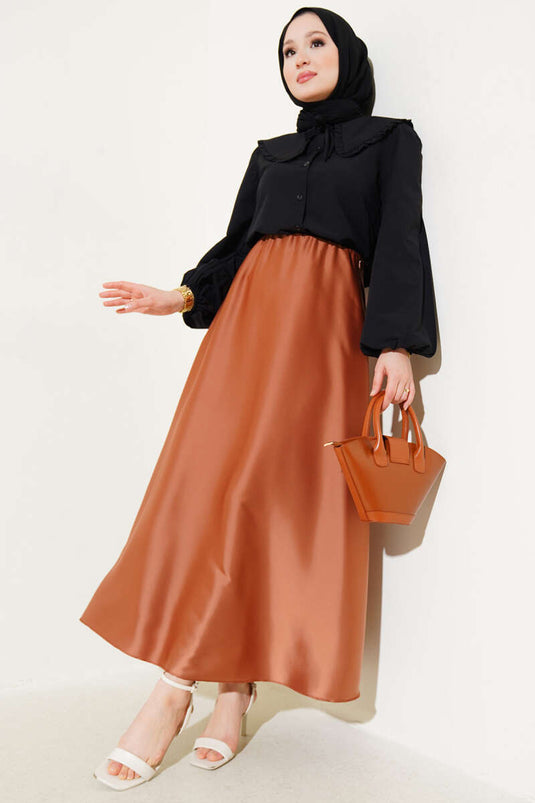 Elastic Waist Flared Satin Skirt Latte