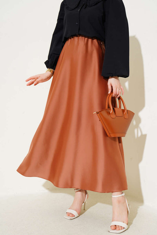 Beli Lastikli Kloş Saten Etek Latte