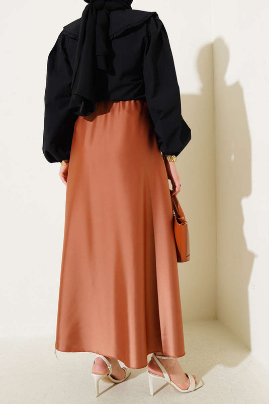 Elastic Waist Flared Satin Skirt Latte