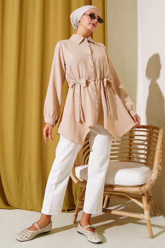 Elastic Waist Ribbon Shirt Beige