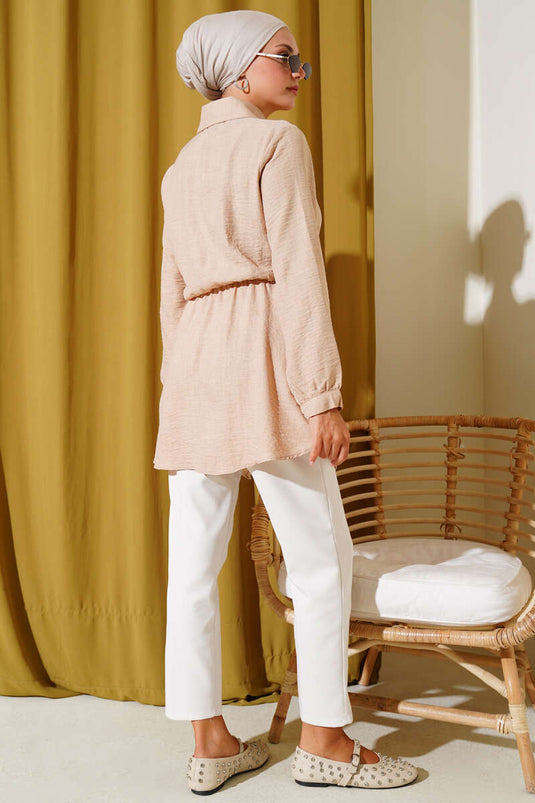 Elastic Waist Ribbon Shirt Beige