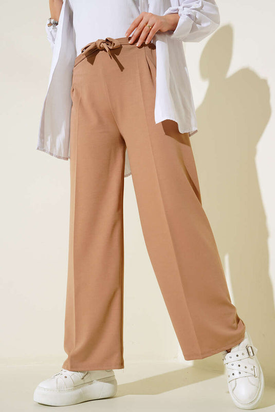Belted Elastic Waistband Pants Latte