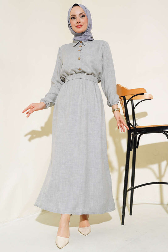 Beli Lastikli Kuşaklı Keten Elbise Gri