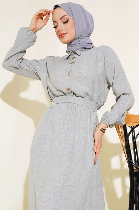 Beli Lastikli Kuşaklı Keten Elbise Gri