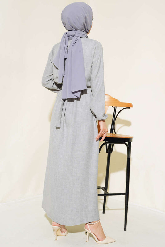 Beli Lastikli Kuşaklı Keten Elbise Gri