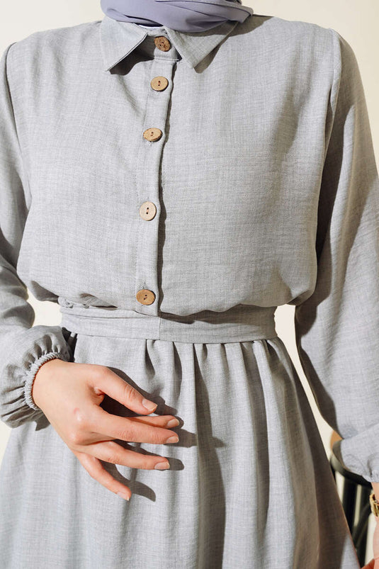 Beli Lastikli Kuşaklı Keten Elbise Gri