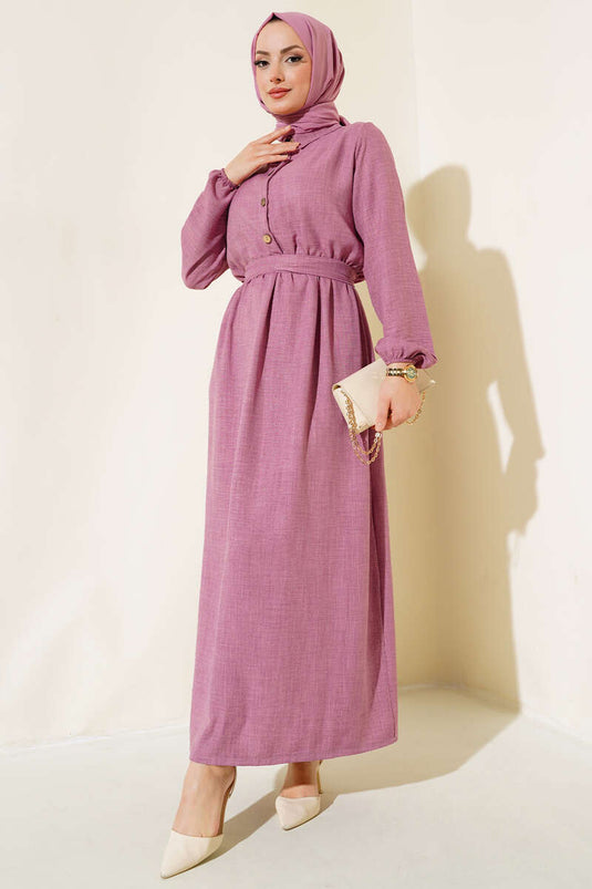 Beli Lastikli Kuşaklı Keten Elbise Gül Kurusu