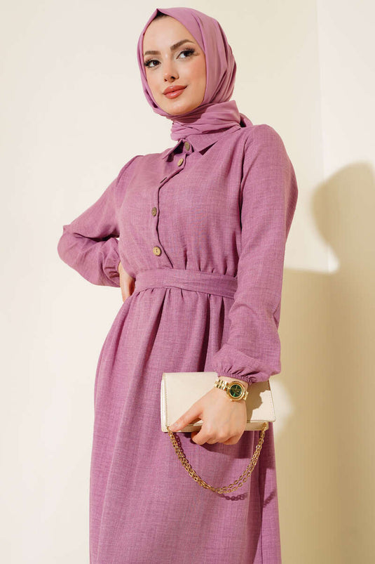 Beli Lastikli Kuşaklı Keten Elbise Gül Kurusu