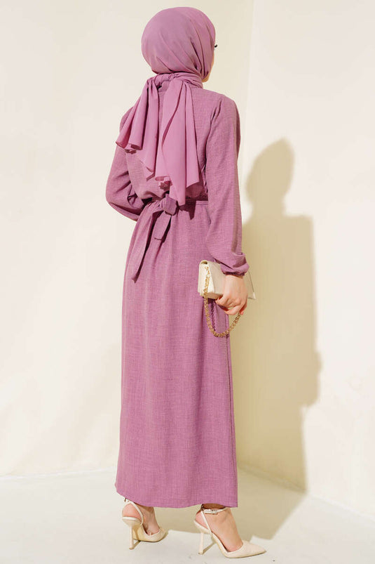 Beli Lastikli Kuşaklı Keten Elbise Gül Kurusu