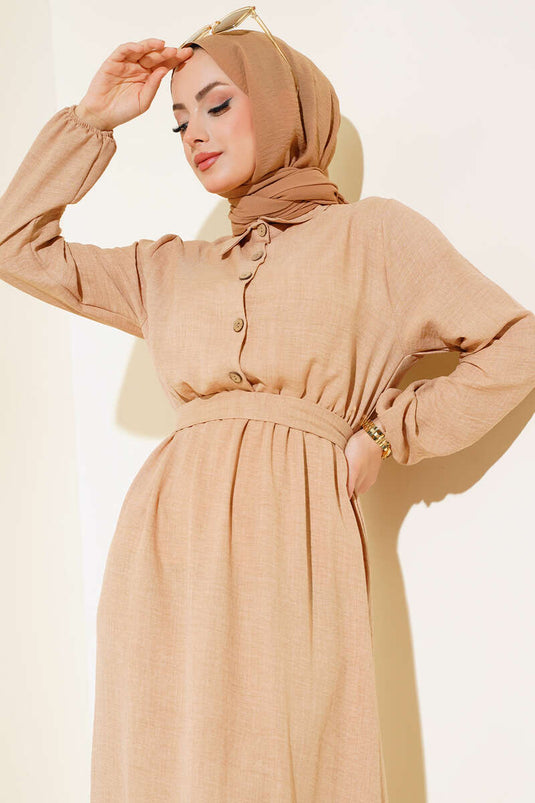 Belted Elastic Waist Linen Dress Latte