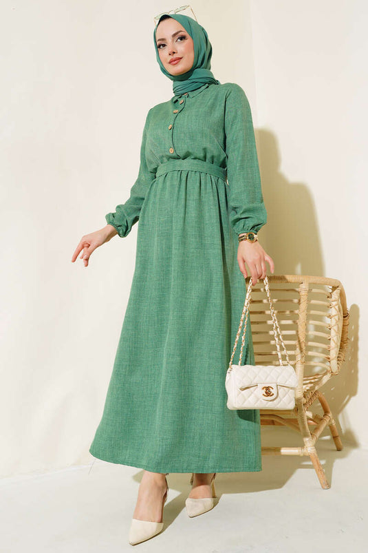 Beli Lastikli Kuşaklı Keten Elbise Yeşil