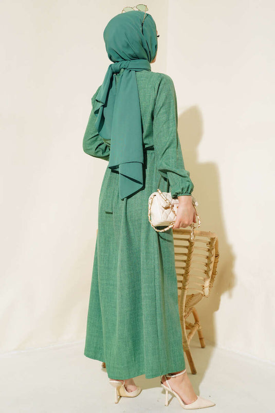 Beli Lastikli Kuşaklı Keten Elbise Yeşil