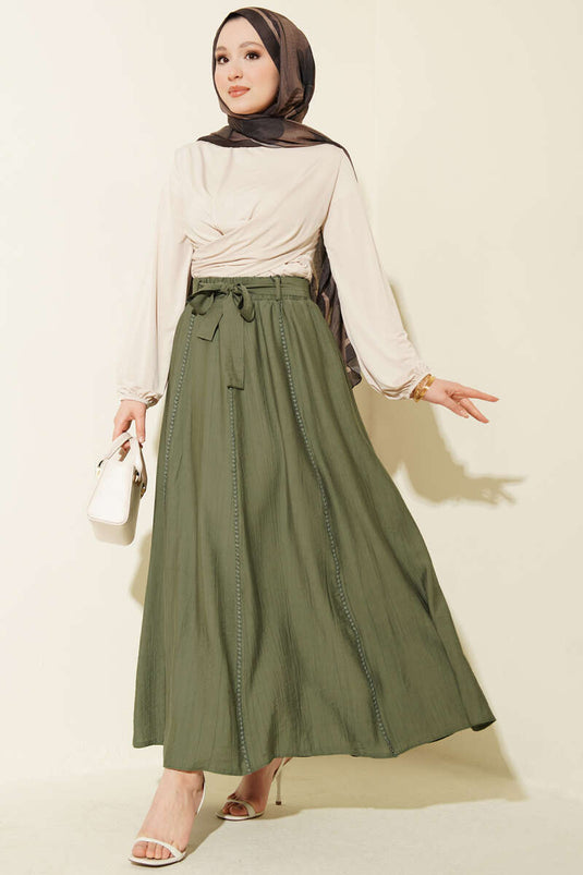 Beli Lastikli Kuşaklı Kloş Etek Haki