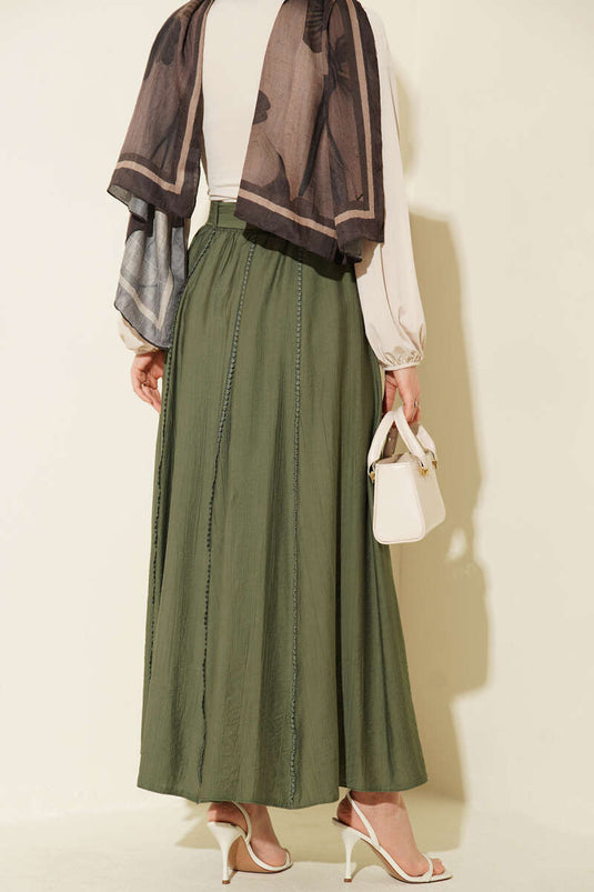 Beli Lastikli Kuşaklı Kloş Etek Haki