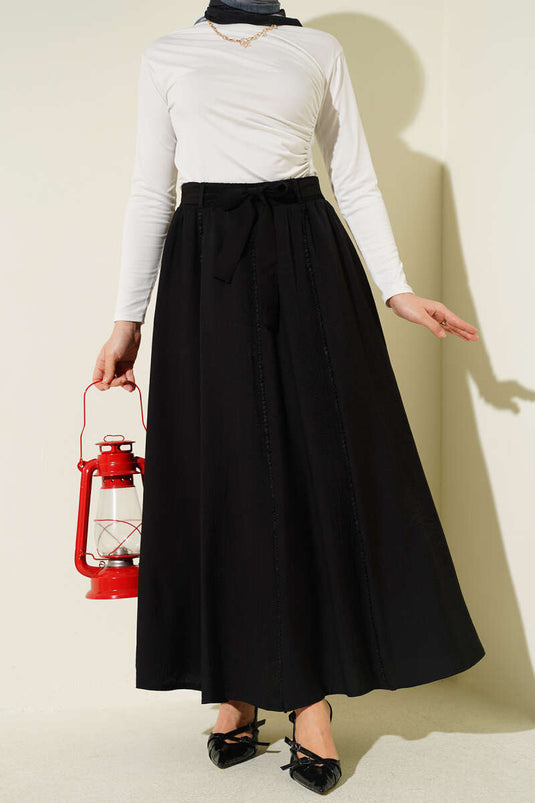 Buy Black Elastic Belted Flared Skirt