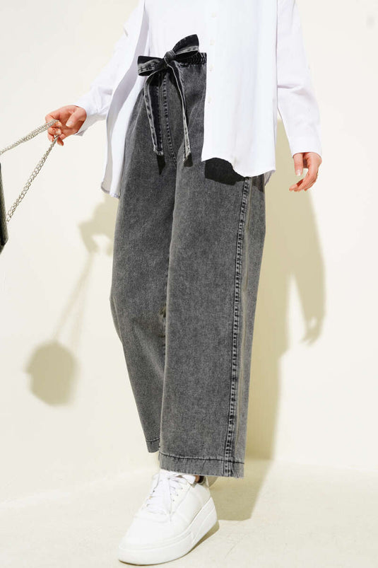 Beli Lastikli Kuşaklı Kot Pantolon Füme