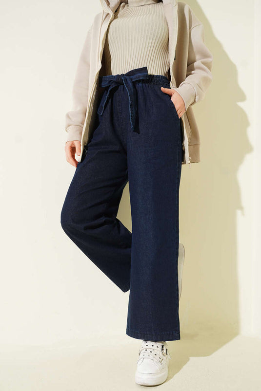 Blue Elastic Belted Denim Pants