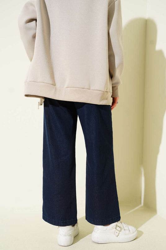 Blue Elastic Belted Denim Pants