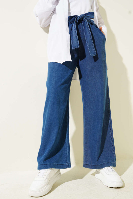 Beli Lastikli Kuşaklı Kot Pantolon Mavi