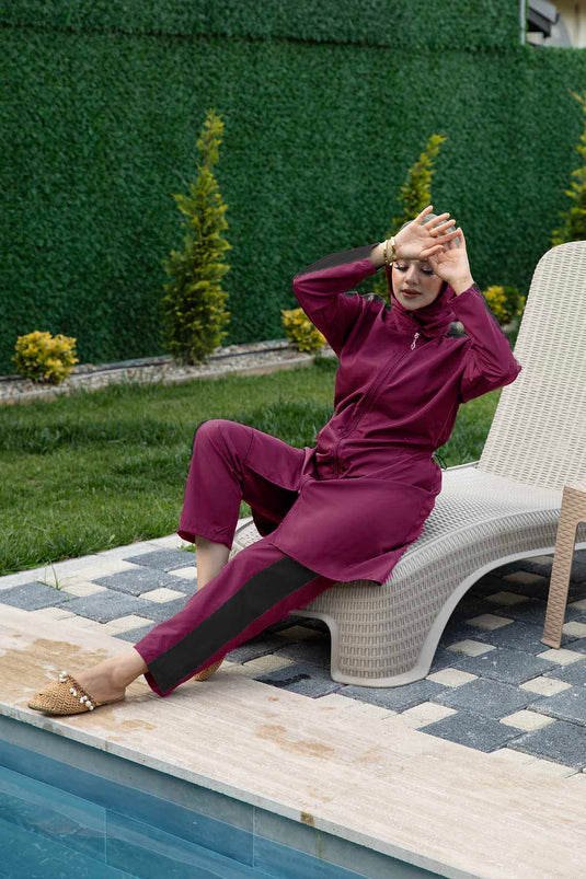 Parachute Fabric Zippered Modest Swimsuit Fuchsia