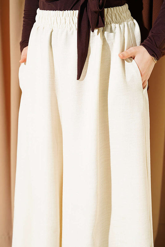 Beli Lastikli Oversize Paçalı Pantolon Bej