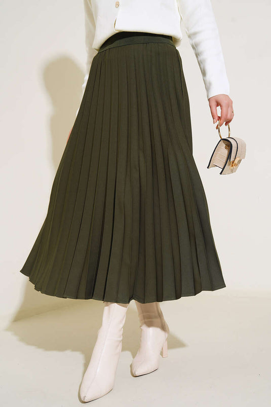 Jupe plissée kaki à taille élastique