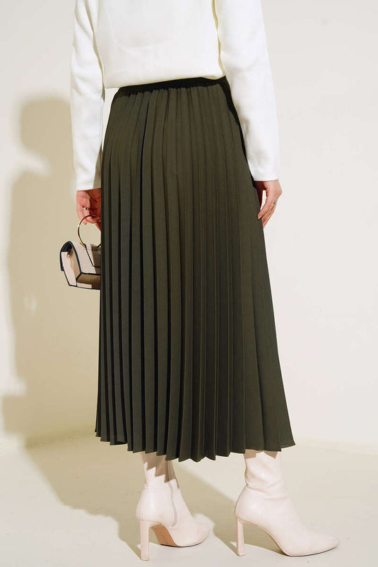 Jupe plissée kaki à taille élastique