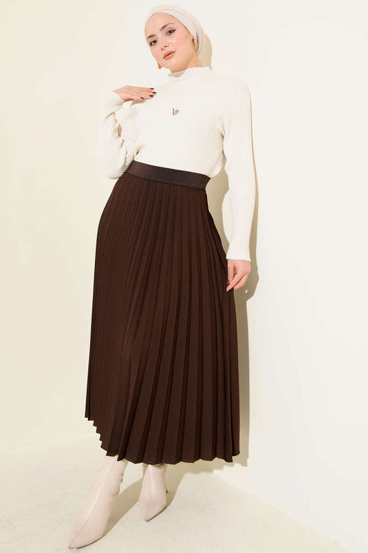 Beli Lastikli Pileli Etek Kahve
