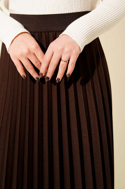 Beli Lastikli Pileli Etek Kahve