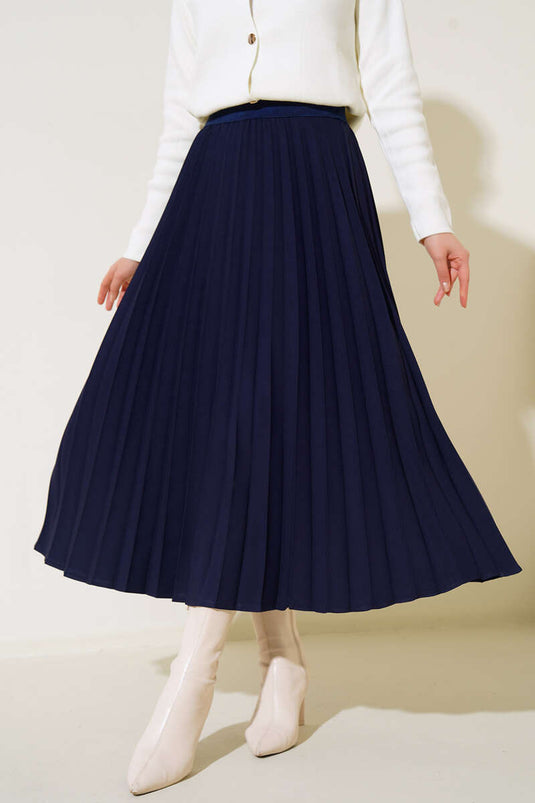 White Elastic Pleated Skirt Navy Blue